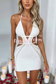 Effortlessly Cool and Sexy Knit Crochet Cutout Halter Tie-up Stretch Mini Dress