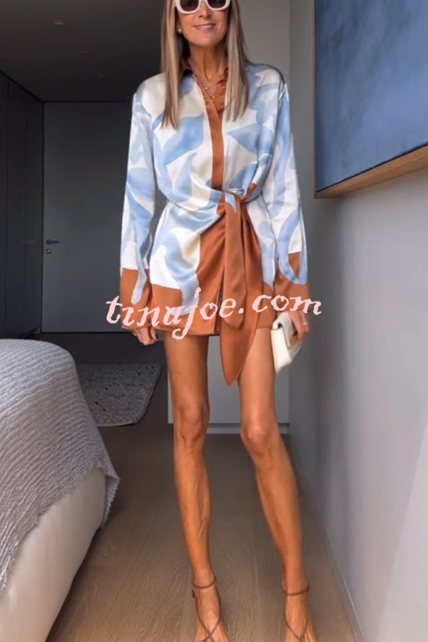 Lake Days Satin Colorblock Unique Print Tie-up Shirt Mini Dress