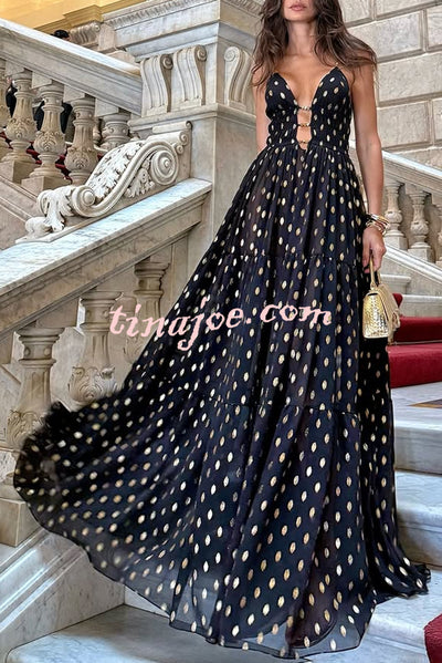 Charming View Chiffon Gold Polka Dot Print Cutout Lightweight Maxi Dress