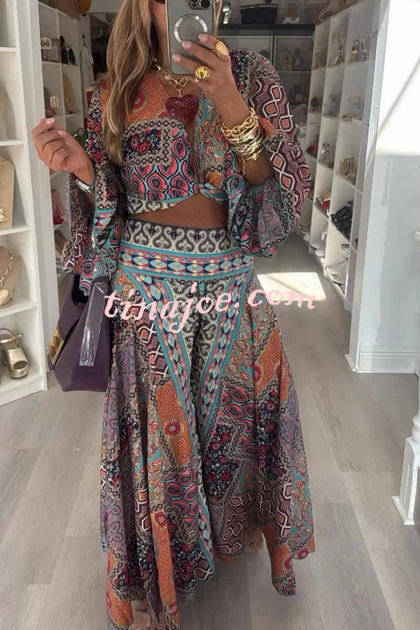 Unique Boho Ethnic Print Balloon Sleeve Crop Top and Elastic Waist Wide-leg Pants Set