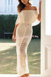 Jolene Knit Crochet Texture Off Shoulder Drawstring Waist Maxi Dresses