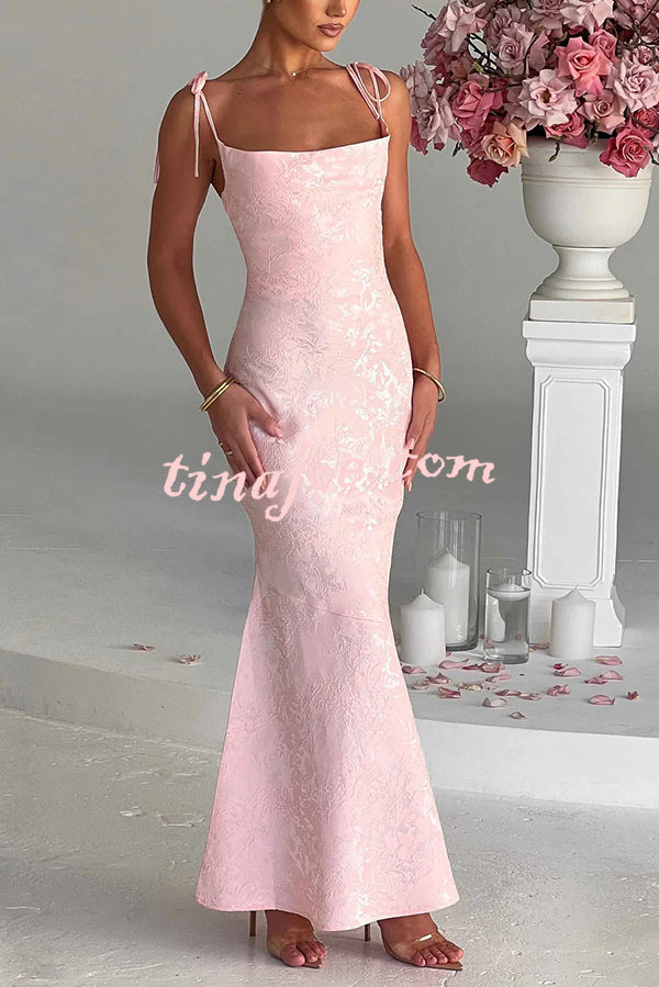 Jacquard Fabric Elegant Suspender Tie Slim Fishtail Maxi Dress
