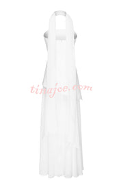 Monaco Off Shoulder Structured Top Chiffon Slit Hem Scarf Maxi Dress