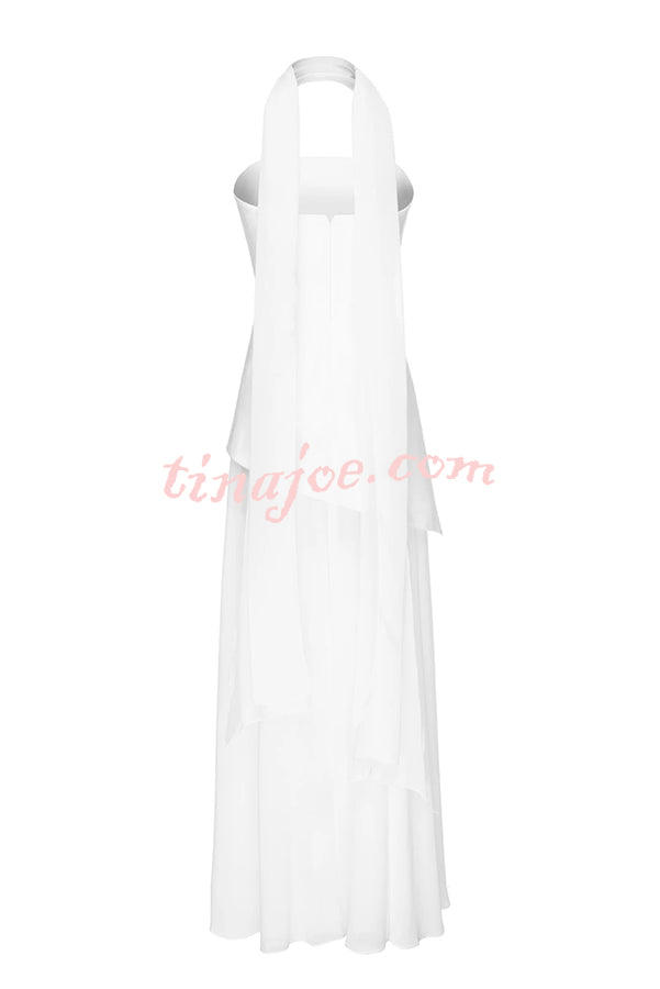 Monaco Off Shoulder Structured Top Chiffon Slit Hem Scarf Maxi Dress