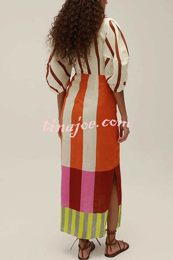 Kaya Linen Blend Color Block Print Front Cutout Knot Puff Sleeve Maxi Dress