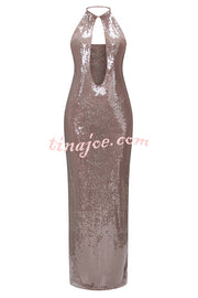 Light Up The City Sequin Cutout U-neck Back Lace-up Maxi Dress