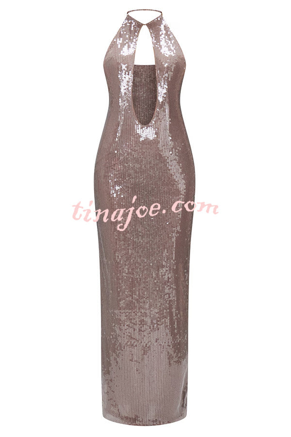 Light Up The City Sequin Cutout U-neck Back Lace-up Maxi Dress