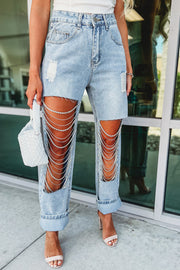 Casual Pocket Ripped Chain Embellished Straight Jeans