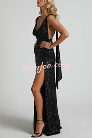 All The Sparkle Sequin Cowl Neck Backless Slit Stretch Maxi Dress