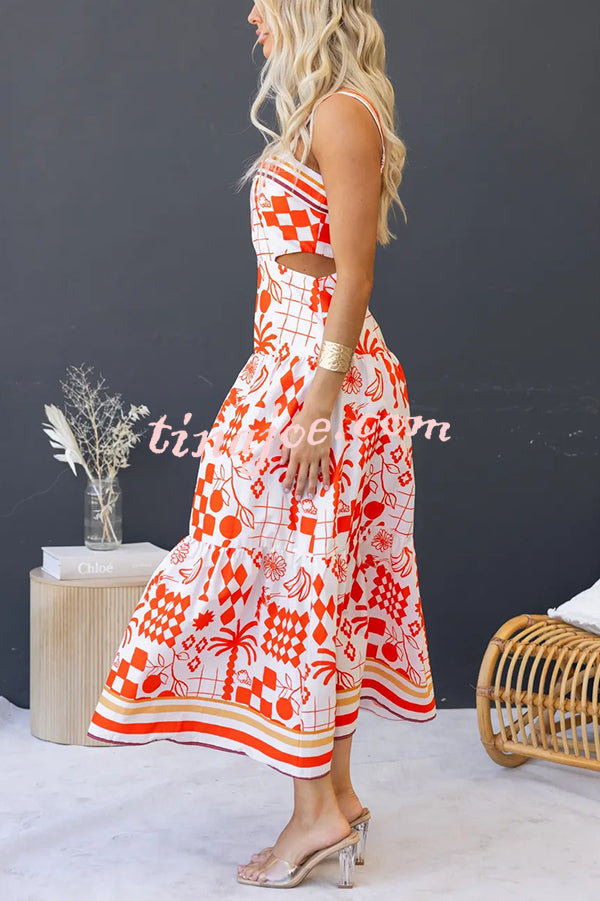 Unique Print Waist Cutout Back Gathered Suspender Maxi Dress