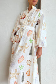 Swinton Marine Element Print  Pocket Balloon Sleeve Belted Maxi Dress