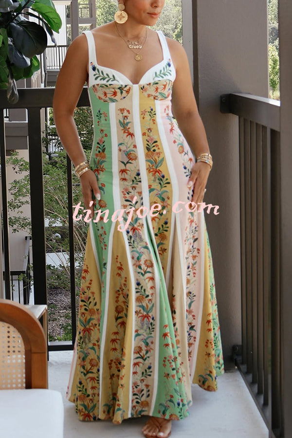 Sweet Garden Linen Blend Color Block Floral Paneled Maxi Dress