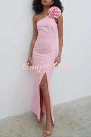 Samaya One Shoulder Detachable Rose Corsage Slit Stretch Maxi Dress