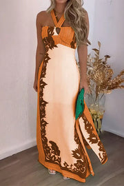 Unique Print Halter Neck Hollow Back Tie Maxi Dress