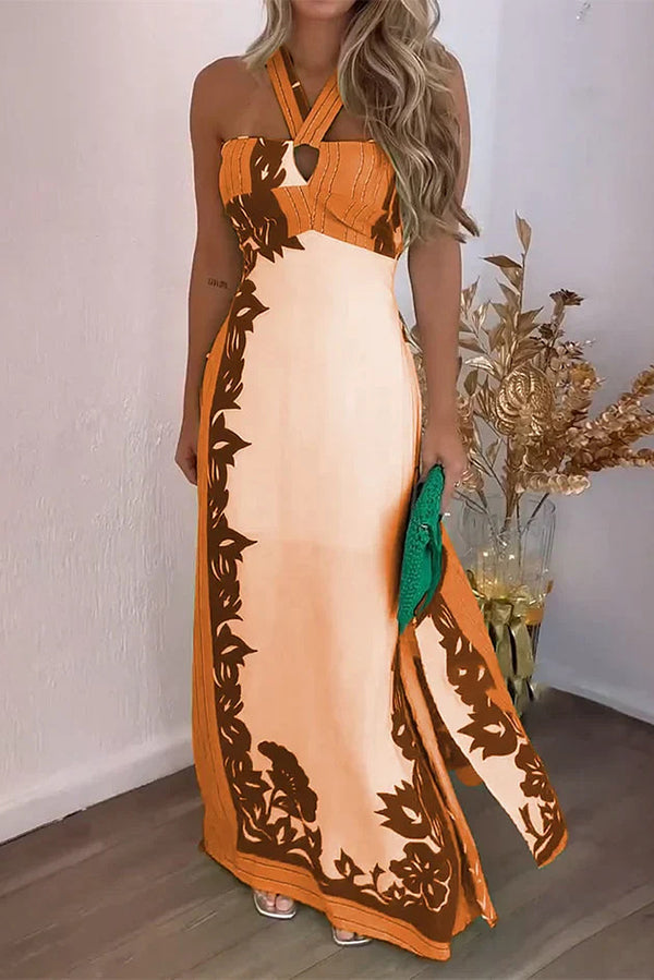 Unique Print Halter Neck Hollow Back Tie Maxi Dress