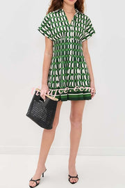 Nash Geometric Tile Print Wide Sleeve Button Up Pocketed Mini Dress