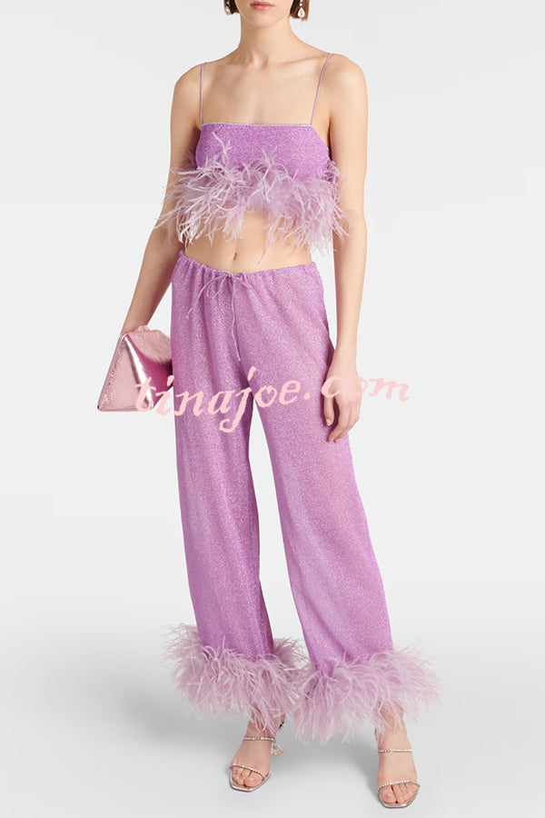 Music Carnival Glitter Stretch Fabric Feather Trim Tank and Elastic Waisted Flared Pants Set