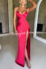 Satin Solid Color Sexy Backless Lace Up High Slit Maxi Dress