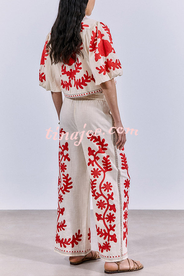 Till Sunset Linen Blend Unique Print Elastic Waist Pocket Wide Leg Pants