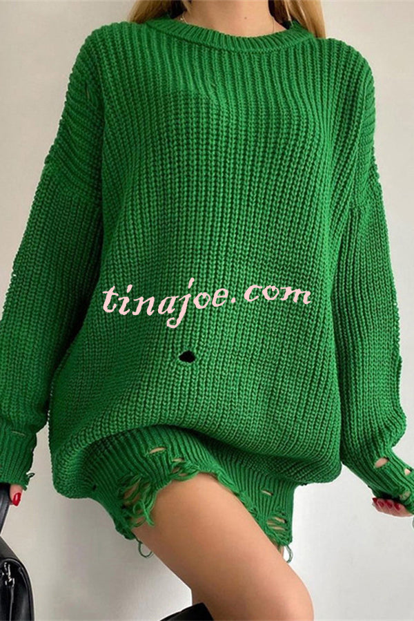 Solid Color Loose Ripped Knitted Mid-length Sweater