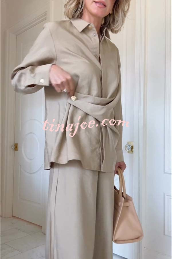 Juliette Cross-front Button Up Long Sleeve Shirt and Elastic Waist Pocket Loose Pants Set