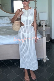 Beach Day Crochet Knit Cutout Waist Coverup Stretch Maxi Dress