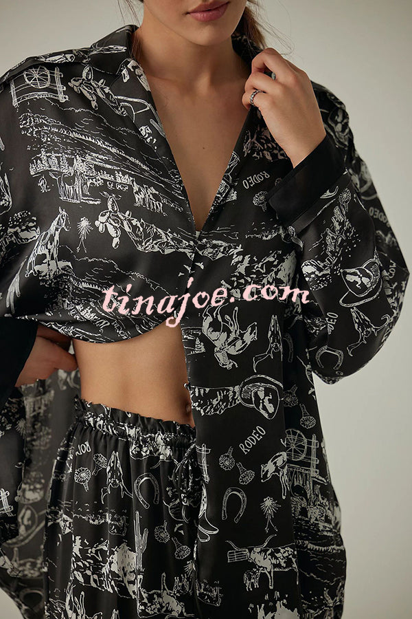 Unique Printed Lounge Long-sleeved Shirt and Elastic Waisted Baggy Pants Set