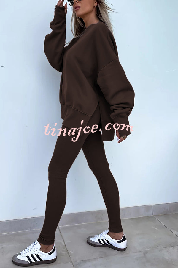 Solid Color Loose Long Sleeve SlitSweatshirt and Elastic Waist Tight Pants Set