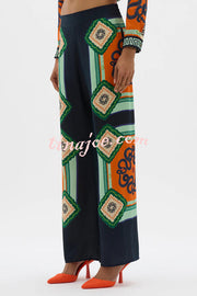 Vacation Times Satin Unique Print Elastic Waist Pocketed Wide Leg Pants