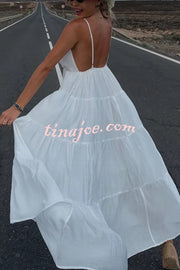 Bohemian Style V-neck Backless Slip Layered Vacation Maxi Dress