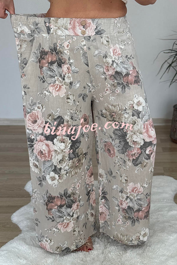 Linen Blend Crew Neck Long Sleeve Irregular Loose Top and Elastic Waist Floral Print Casual Pocket Set