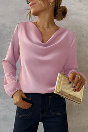 Simple and Beautiful Satin Cowl Drape Neck Long Sleeved Shirt