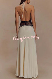 Seductive Details Satin Lace Waist Halter Tie-up Backless Maxi Dress
