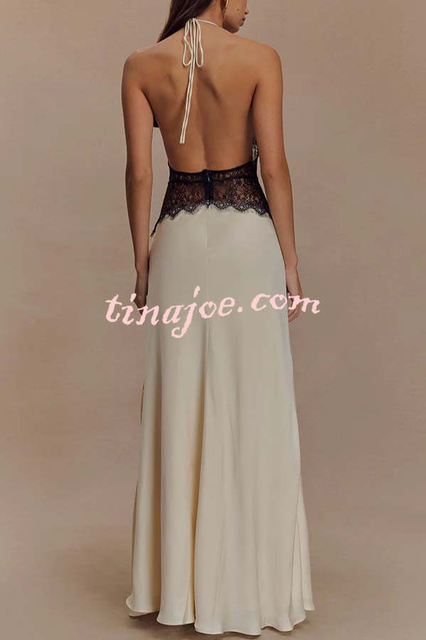 Seductive Details Satin Lace Waist Halter Tie-up Backless Maxi Dress