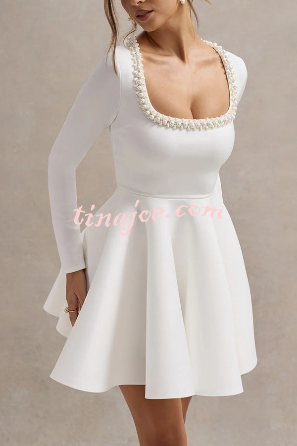 Playful Elegance Pearl Embellished Trim Long Sleeve Pleated Mini Dress