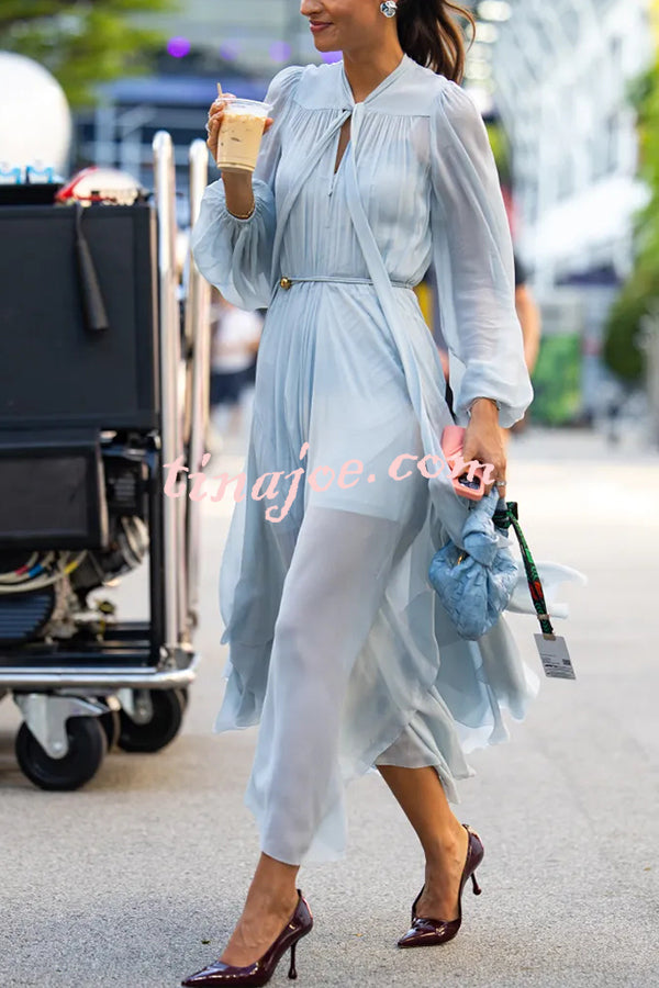 Elegant and Graceful Tie-up Neck Long Balloon Sleeve Handkerchief Midi Dress