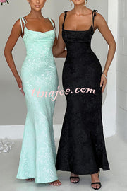 Jacquard Fabric Elegant Suspender Tie Slim Fishtail Maxi Dress
