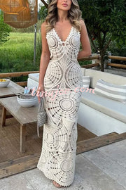 On Vacay Time Crochet Lace Cutout Waist Coverup Stretch Maxi Dress