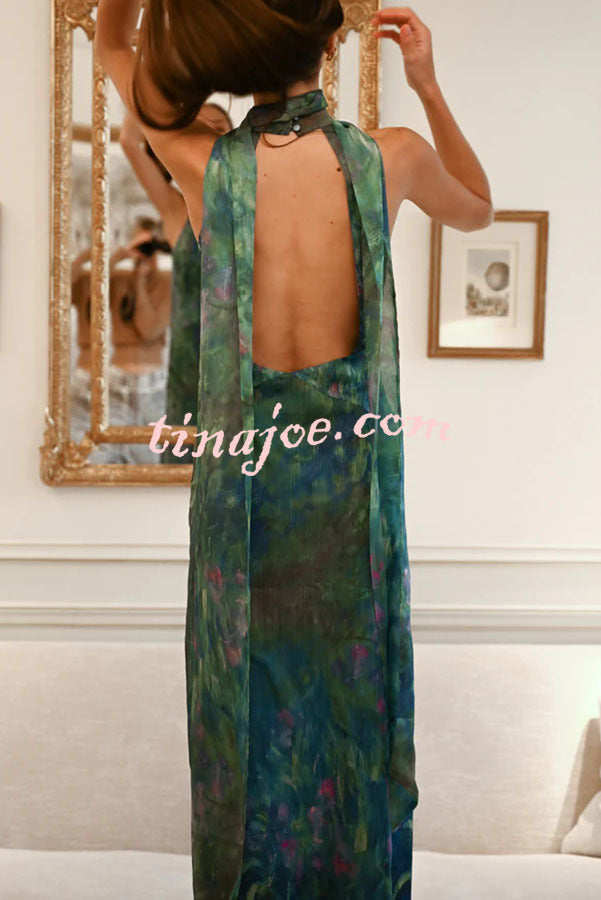 Monet Garden Art Print Turtleneck Cutout Backless Scarf Maxi Dress