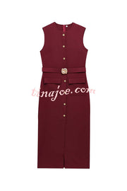 Danina Button Up Sleeveless Metal Belted Pocket Stretch Midi Dress