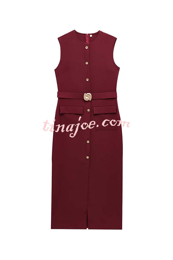 Danina Button Up Sleeveless Metal Belted Pocket Stretch Midi Dress