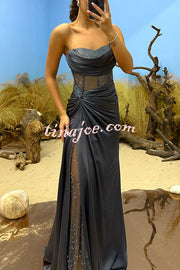 Essie Satin Rhinestone Patchwork Twist Waist Strapless Slit Maxi Dress