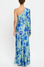 Satin Botanical Print One-Sleeve Resort Maxi Dress