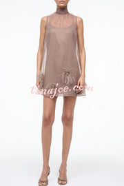 Playful Charm Sheer Chiffon Embellished Feather Back Bow H-line Mini Dress
