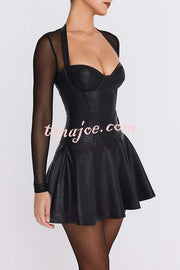 Fun and Flirty Faux Leather Mesh Sleeve Stretch Mini Dress