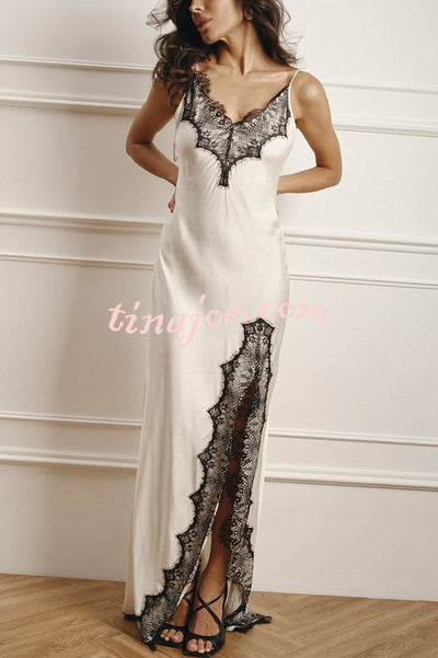 Elegant Splicing Lace Suspenders V-neck Sexy Slit Maxi Dress