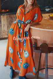Linen Blend Unique Print Lapel Loose Tie Cardigan Maxi Dress