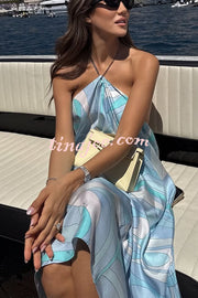 Elmhurst Satin Unique Print Chain Halter Draped Scarf Midi Dress