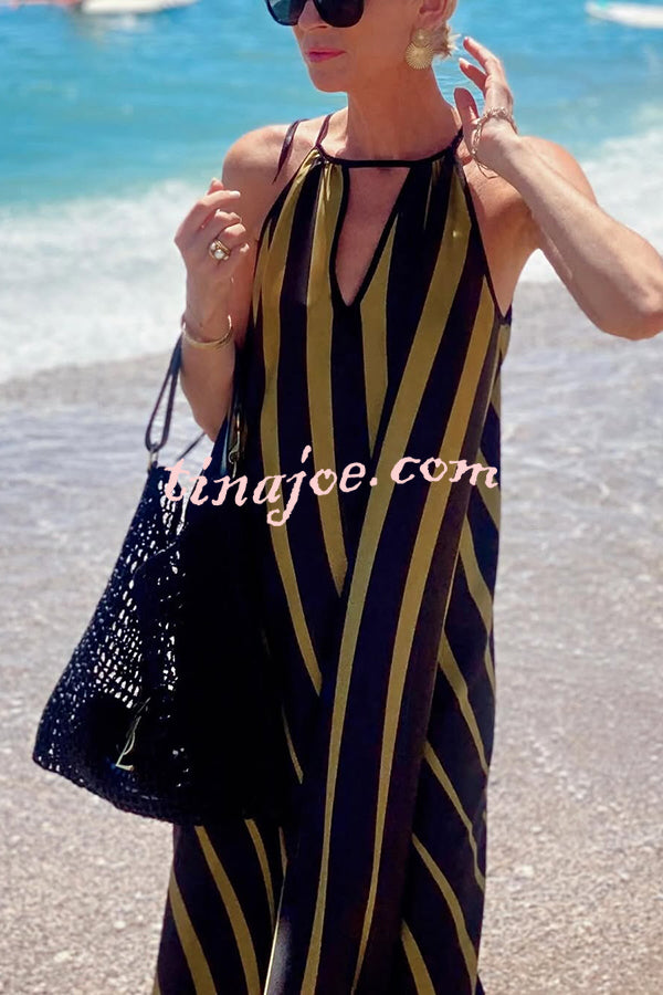 Striped Print V-Neck Loose Beach Vacation Maxi Dress