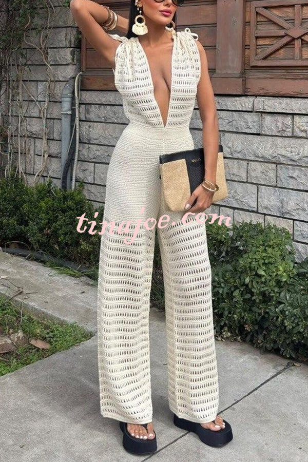 Solid Color Knitted V-neck Holiday Hollow Casual Jumpsuit